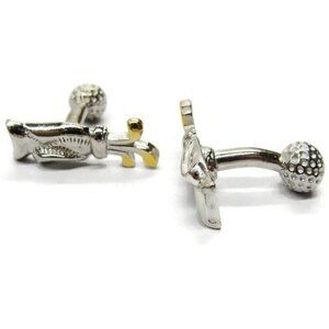 Golf Cufflinks Bag Clubs Ball Silver Tone Tux Shirt Dress Suit Vintage